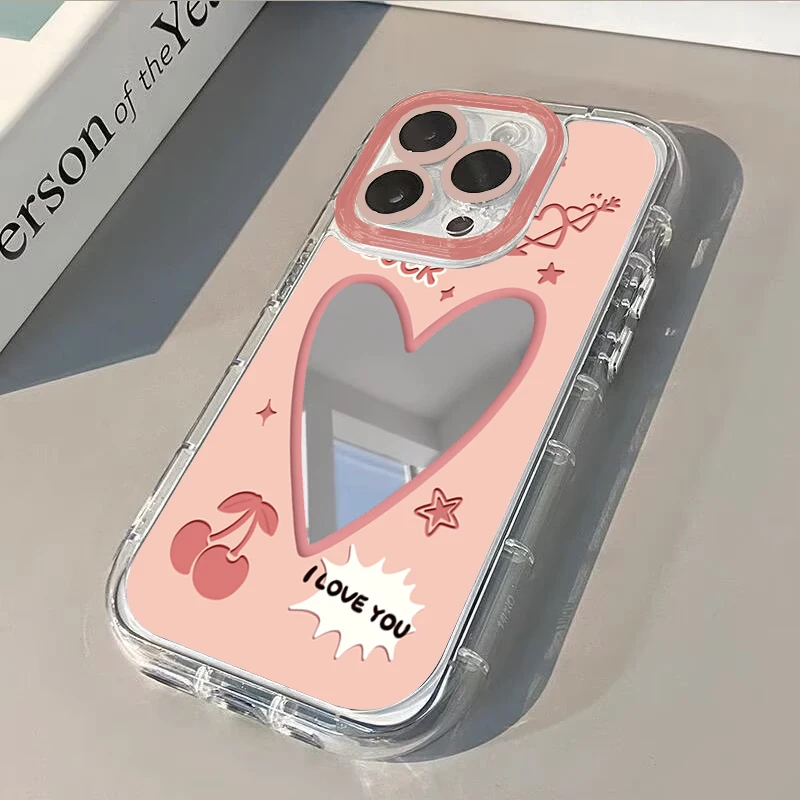 Pink Cherry Heart Love Air Cushion Mirror Phone Case For iPhone 17 15 14 16 Pro Max 13 12 11 Pro XR XS  8 Plus 17Air Girl Cover