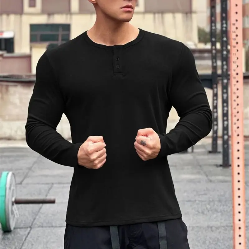 Spring and autumn new cashmere men's long sleeve T-shirt casual shirt button round fashion solid color T-shirt sports men's wear