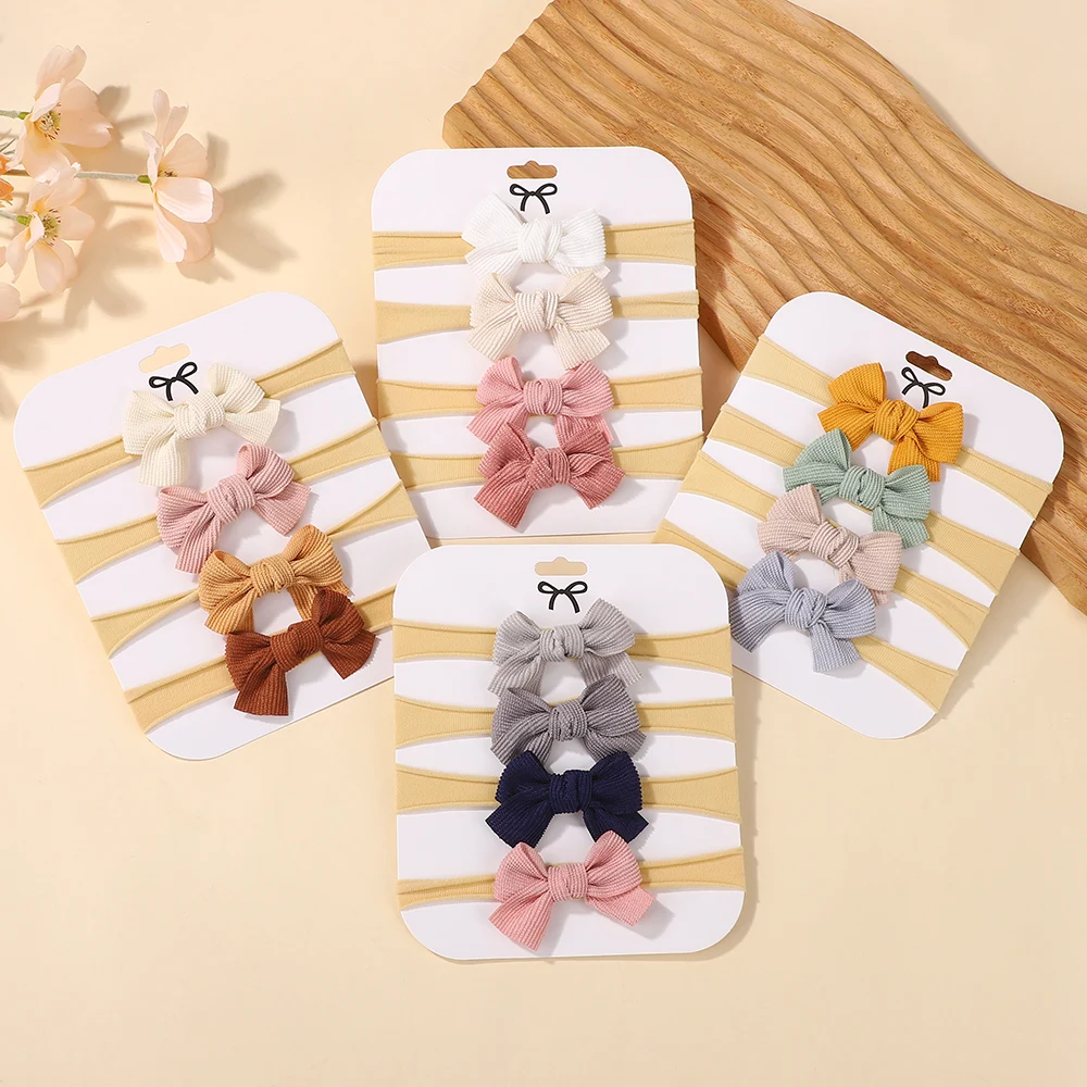 

4pcs/set Candy Color Waffle Bow Knitted Headband for Baby Girls Cute Soft Nylon Elastic Hairdband Comfortable Wearing Headscarf