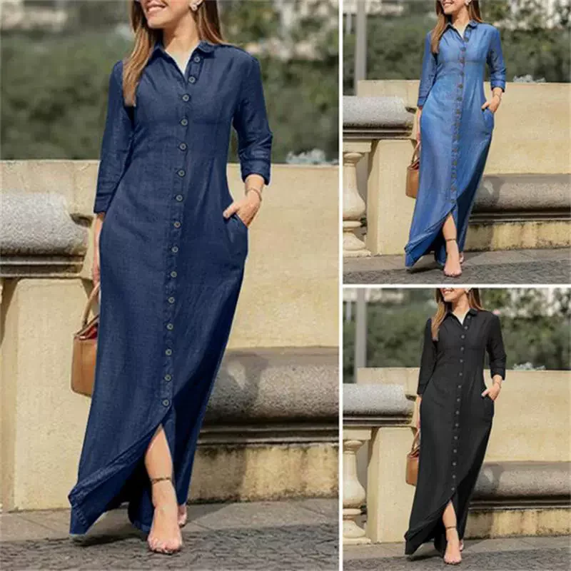 

Muslim women's clothing style elegant and fashionable neutral style long sleeved lapel cardigan solid color long denim dress