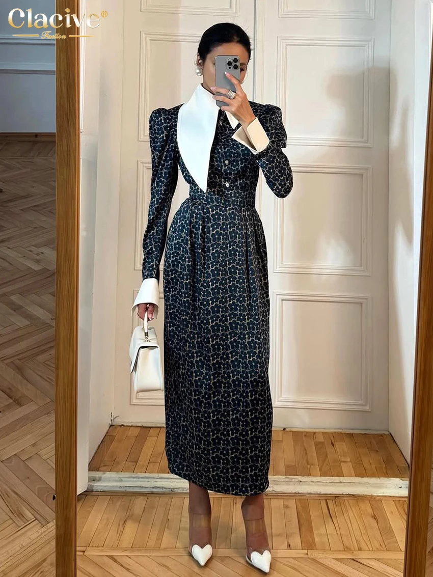 

Clacive Fashion Lose Print Women Dress 2026 Spring Lapel Long Sleeve Ankle Length Dresses Elegant Classic Patchwrok Female Dress