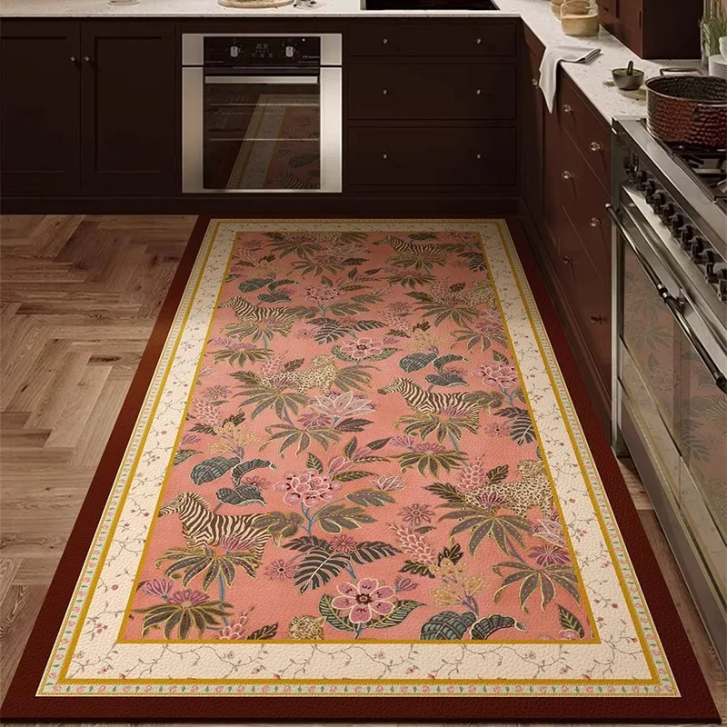 

Kitchen Floor Mats Non-slip and Oil-proof PVC Carpet Red Flower Pattern Waterproof Leather Rugs Home Decoration Long Strip Mats