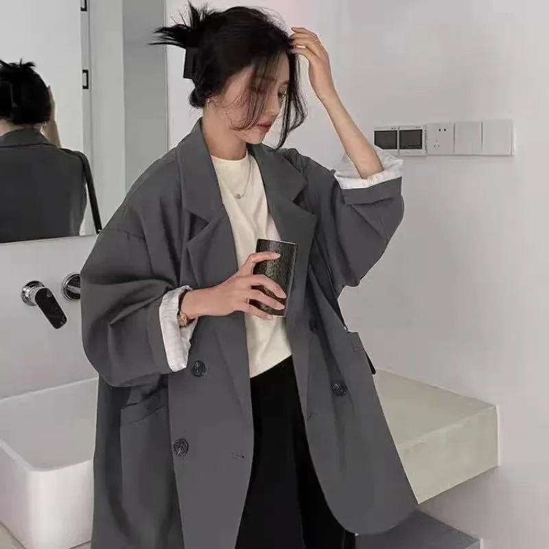 2025 Blazer oversize Donna Autunno Manica lunga Abito nero Streetwear Giacca allentata coreana Cappotto autunno primavera Doppio petto outwea