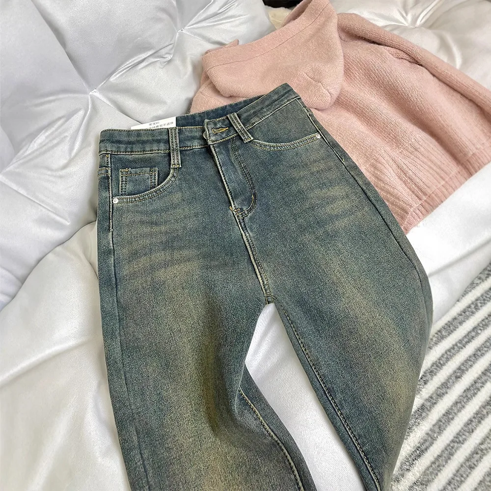Women's Fleece Lined Thickened High Waist Bell Bottom Jeans Winter New Style Slim Straight Leggings Elastic Denim Pants