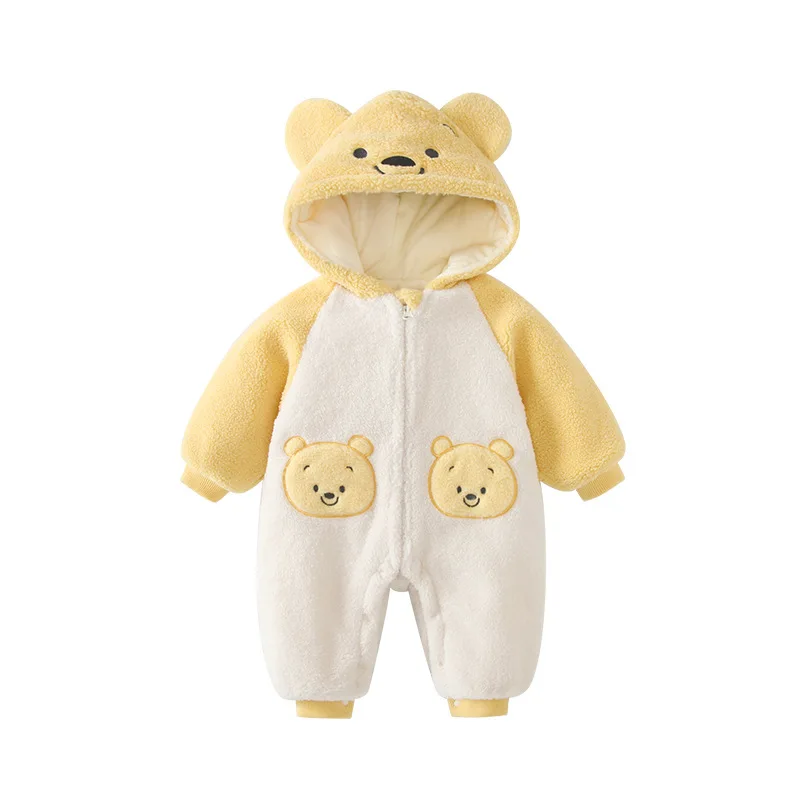 

MINISO Winnie The Pooh Winter Baby Boy Girls Hooded Onesie Thick Clothes Cute Warm Furry Romper Outwear 0-1 years Bodysuits