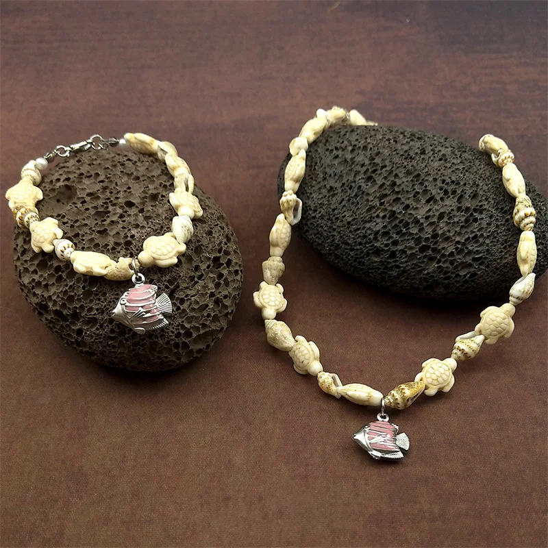Fashion Sea Turtle Conch Fish Bangle Necklace For Women Men Shell Sea Life Beach Summer Jewelry Handmade Bead Weaving