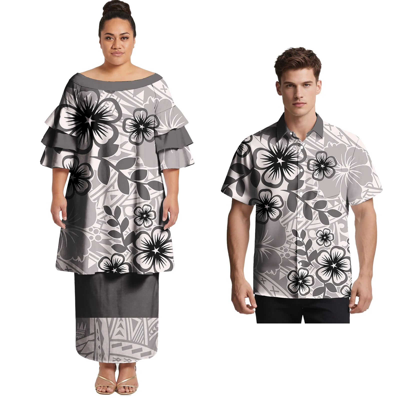 Couple Set Polynesian Men Button Party Prom Shirts Women Three Layer Petal Sleeve Samoan Puletasi Hawaiian Print Couple Outfits