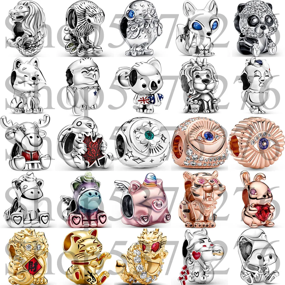 925 Sterling Silver Bead Singapore Merlion Kiwi Fern Leaf Panda Tiger Charm Fit Fashion Women Bracelet Bangle Gift DIY Jewelry