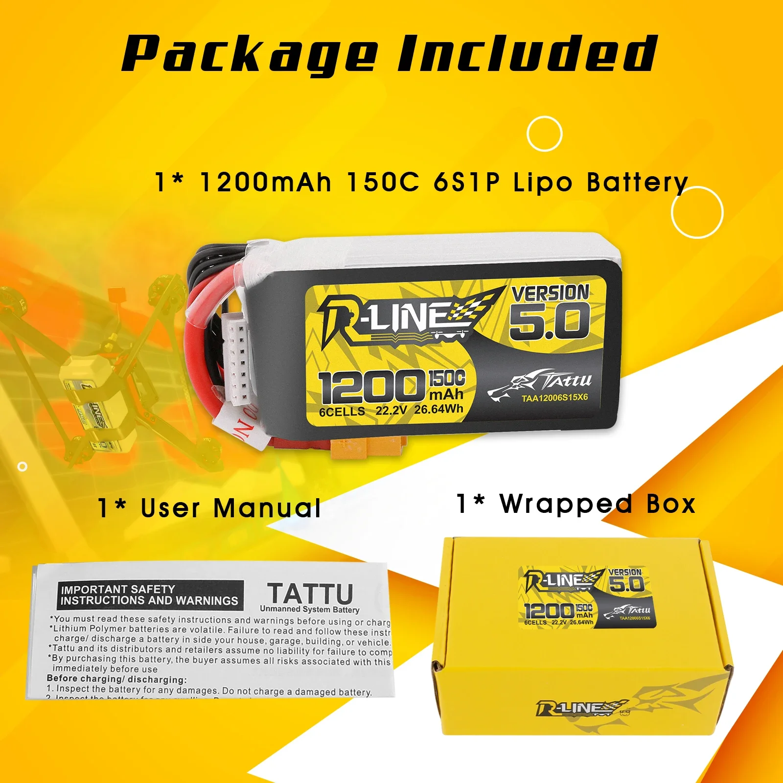 Tattu R-Line 1200mAh 6S Lipo Battery 22.2V 150C  XT60 Plug RC Power for 5-inch aircraft  FPV Racing Multirotor Quadcopter Frame