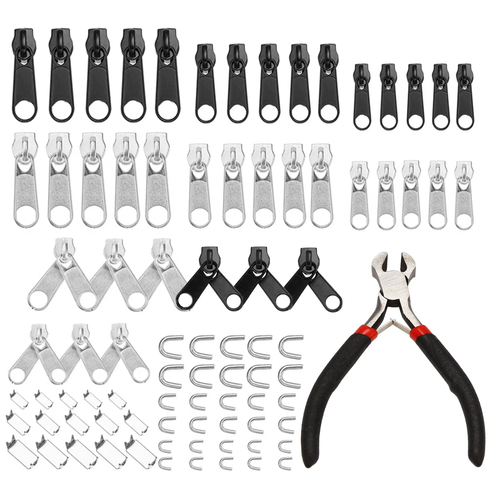 A75K 85Pcs Zipper Repair Kit Zip Slider Rescue Universal Zippers Replacement Jacket Clothes Bag Tent Fix Plier Sewing Needlework