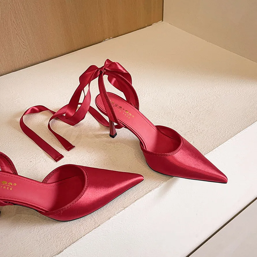 Spring/Summer New Silk Ribbon Strap Pointed Shallow Mouth Hollow Sexy Sandals Banquet Dress Small Heels Large Size Women's Shoes