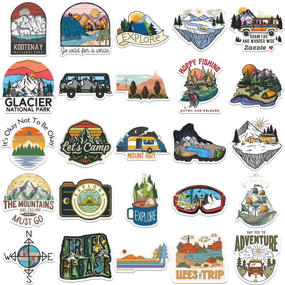 

10/30/50/100pcs Retro Forest Hiking Camping Graffiti Stickers Outdoor Travel Cartoon Sticker DIY Laptop Notebook Bike Cool Decal