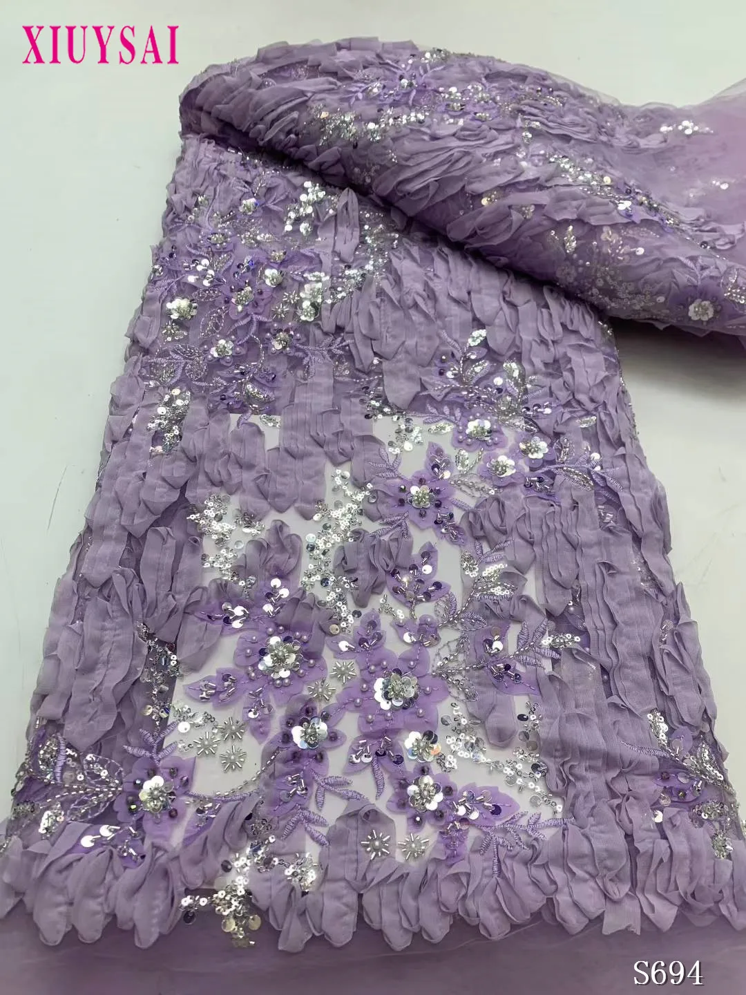 

3D Flower Fashion African Lace Fabric High Quality French Beaded Luxury Tulle Nigerian Sequins Net Lace Fabric Wedding Dress