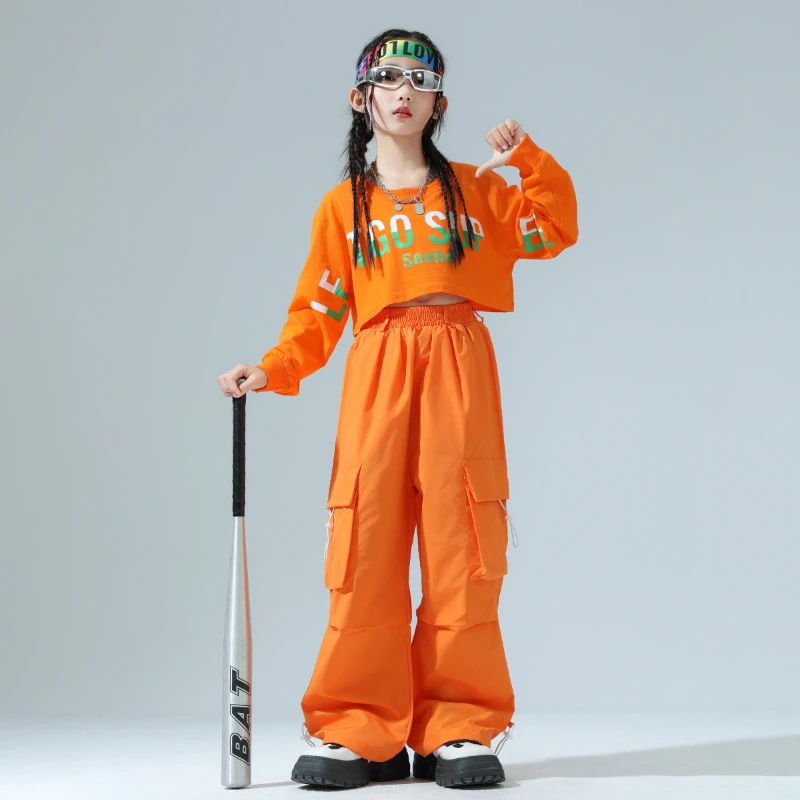 Neue Jazz Dance Kleidung Mode Mädchen Orange Crop Tops Cargo Hosen Streetwear Sets Gruppe Hip Hop Leistung Outfit Bühne Kostüm
