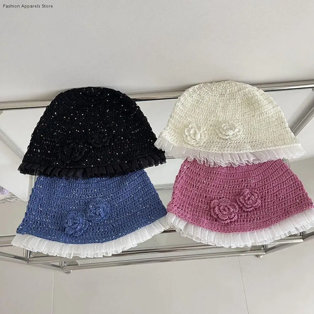 

Cute Handmade Crochet Flower Hat Glitter Bling bling Sequin Knitted Hat Thin Korean Lace Beanies Hat Girls