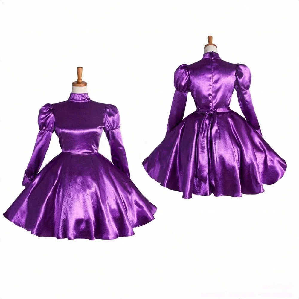 

French sexy maid sissy girl purple frosted satin lockable dress cosplay costume Halloween party customization
