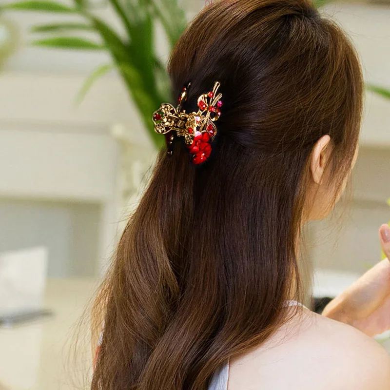 Vintage Crystal Flower Hair Claw Korean Simple Elegant Ponytail Clip Female Ladies Hair Styling Accessories Mother\'s Day Gifts