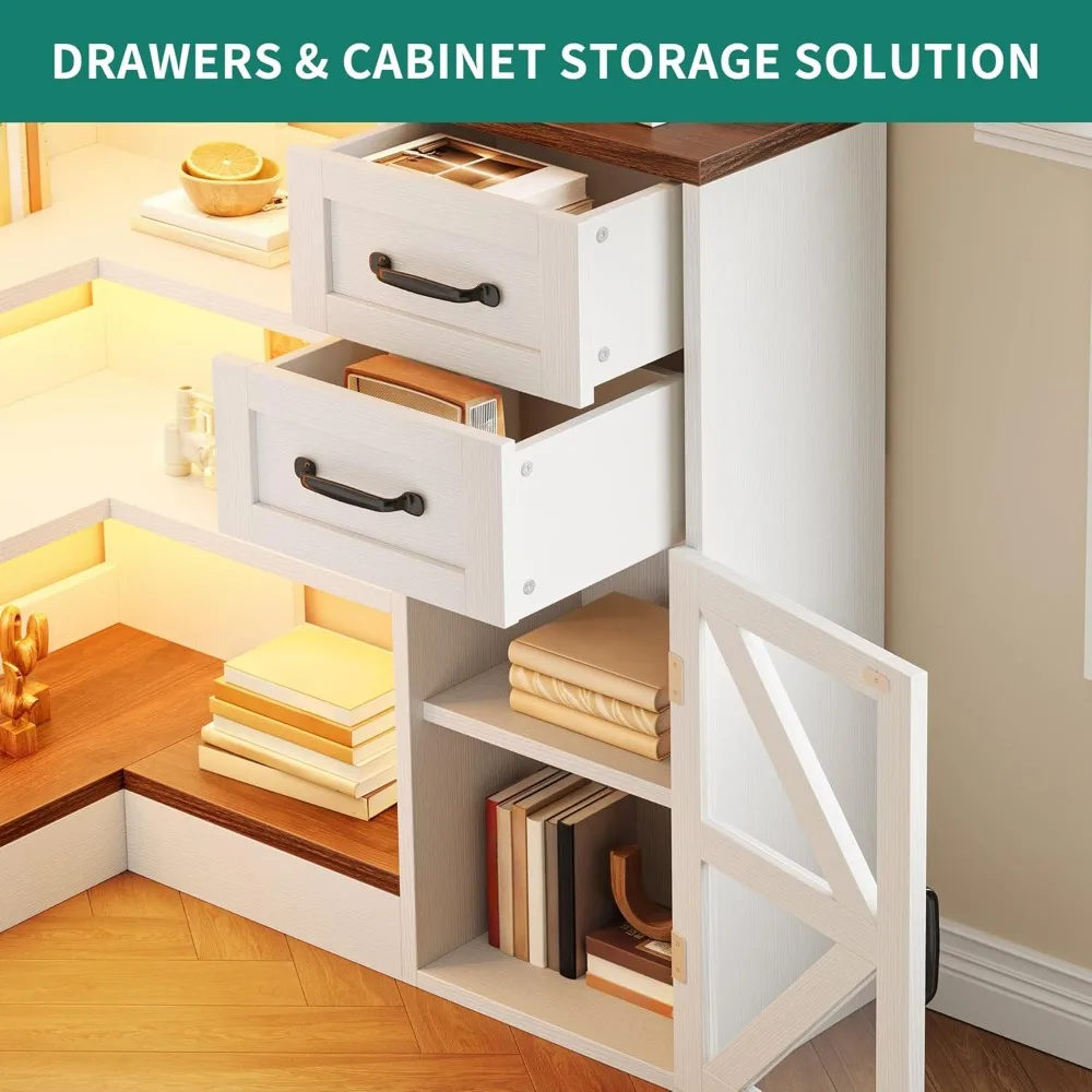 رف كتب زاوية مع مساحة تخزين، رف كتب من 6 طبقات للمزرعة مع أدراج وخزائن، خزانة كتب على شكل حرف L وأضواء LED وشاشة زاوية #6