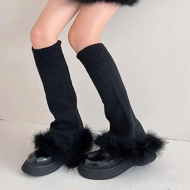 Harajuku Goth Schwarz Gestrickte Beinwärmer Y2k Zubehör Flauschige Beinsocken JK Lolita Mode Weiße Trompete Knöchelwärmer Manschetten Beine