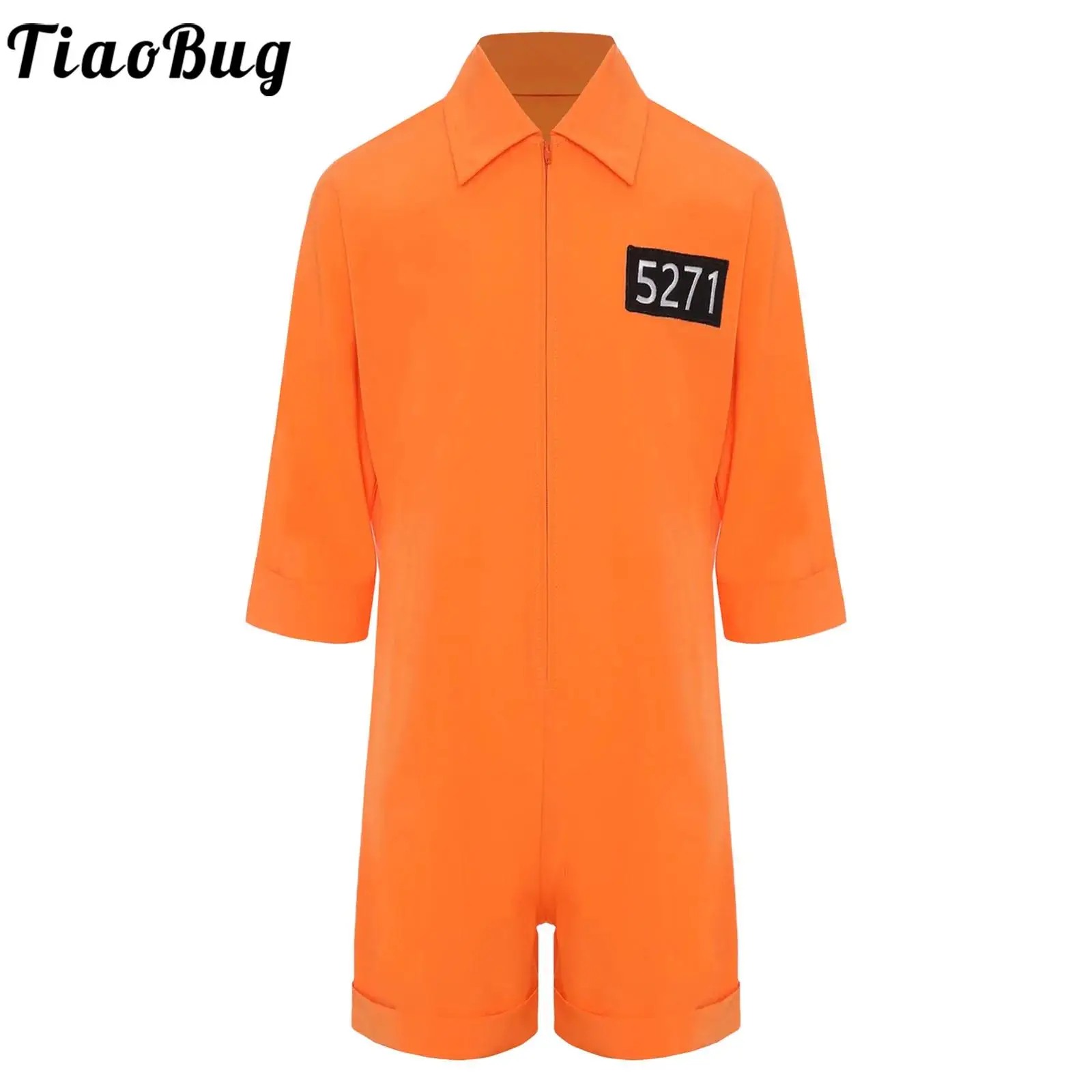 

Boys Girls Prisoner Cosplay Costume Halloween Orange Jailbird Inmate Jumpsuit One Piece Suit Prison Overalls Role Play Uniform