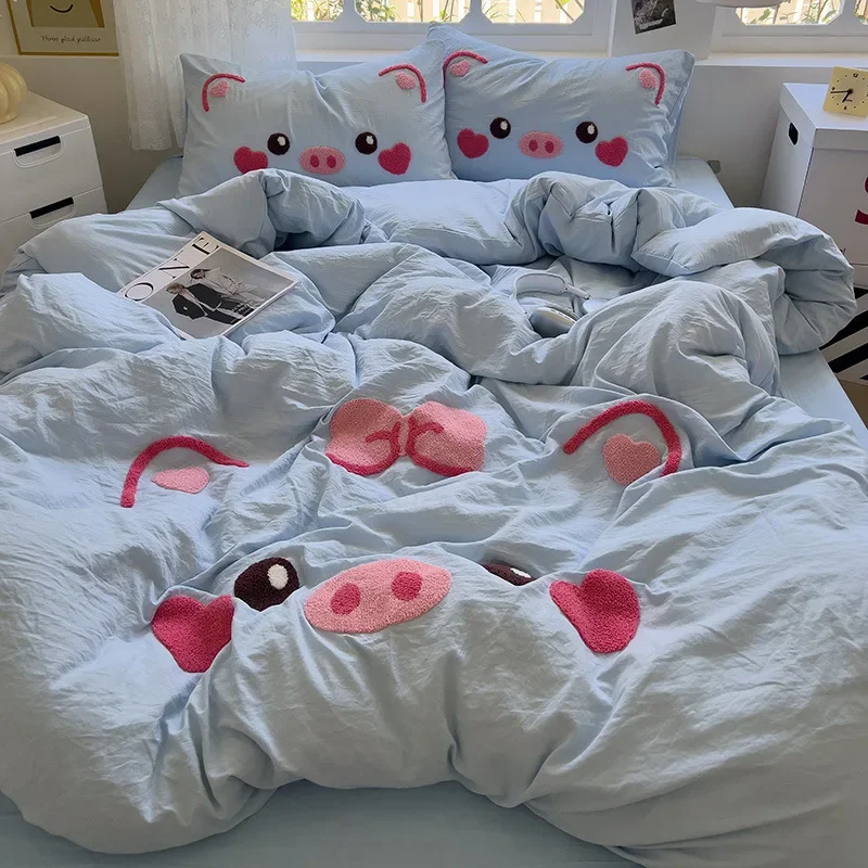 Cute Pig Bedding Set Embroidery No Filler Soft Ins Single Queen Size Duvet Cover Flat Sheet Pillowcase Girls Home Bed Linens 5