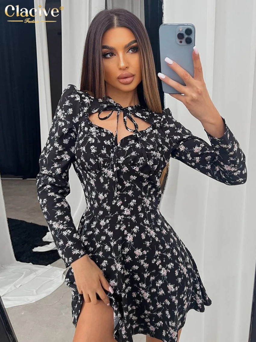 

Clacive Fashion Loose Print Women's Dress 2025 Sexy O-Neck Long Sleeve Mini Dresses Lady Elegant Classic Lace-Up Female Dress