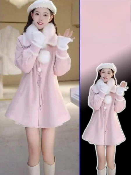 

plus Size Women's Korean Sle Spring Commute Wind Coat Matching Woolen Jaet Collar Long Sve Mid-Length Coat