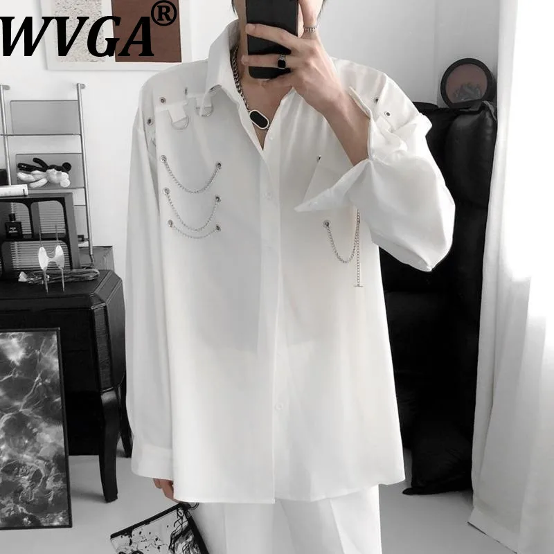 

Мужская рубашка WVGA с длинным рукавом, весна-осень, новый тренд, темный стиль, с двойной застежкой-цепочкой, нишевая, шикарная, повседневная, корейская версия, топ Ins W21716