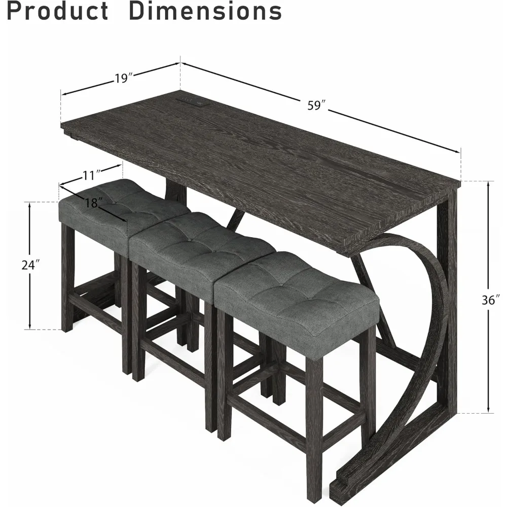 4-Piece Counter Height Bar Table Set with Socket and 3 Fabric Padded Bar Stools, Tall Kitchen Breakfast Dining Table Set with St