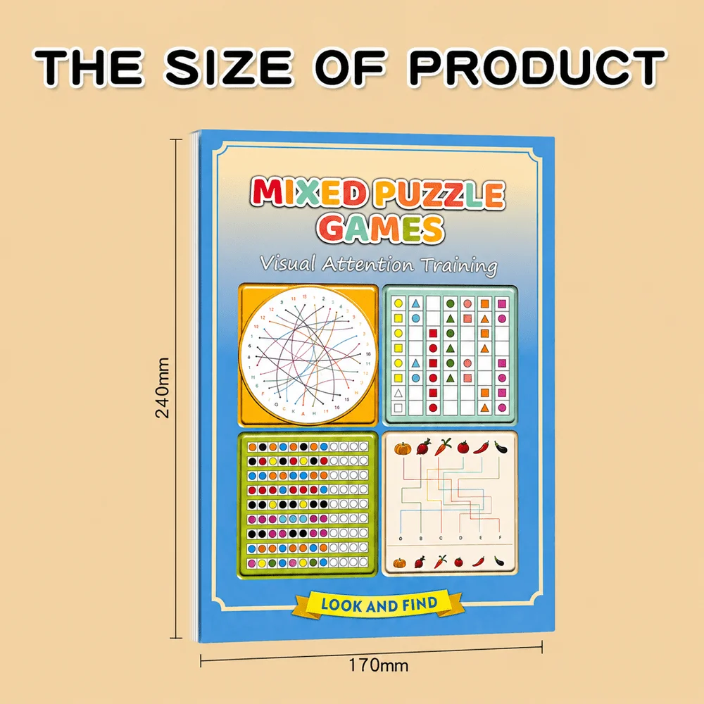 Mixed Puzzle Games Workbook 32 Pages Kids Visual Attention Training Maze Look and Find Concentration Brain Game Activity Book