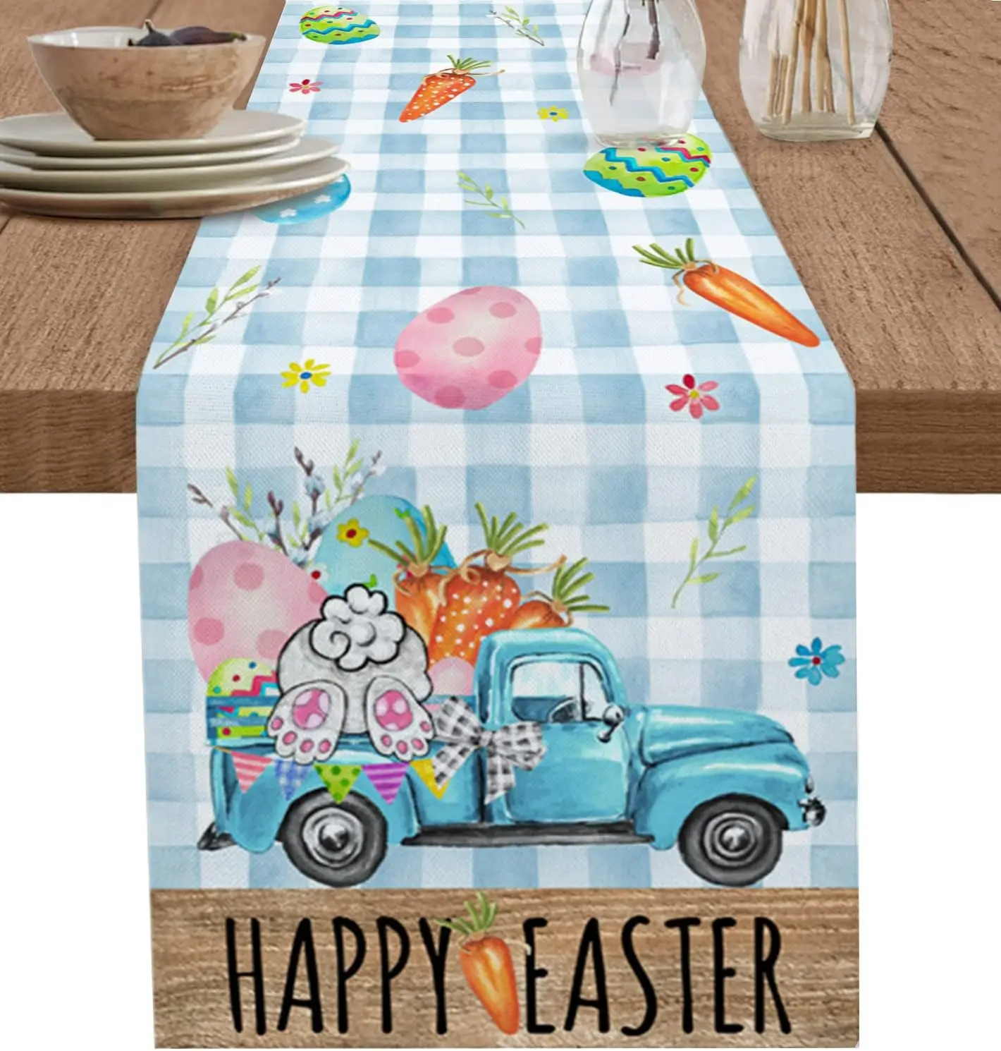 

Пасхальный грузовик, кролик, яйцо, синяя сетка, льняная дорожка для стола, декор для вечеринки, многоразовая кухонная дорожка для обеденного стола, пасхальные украшения