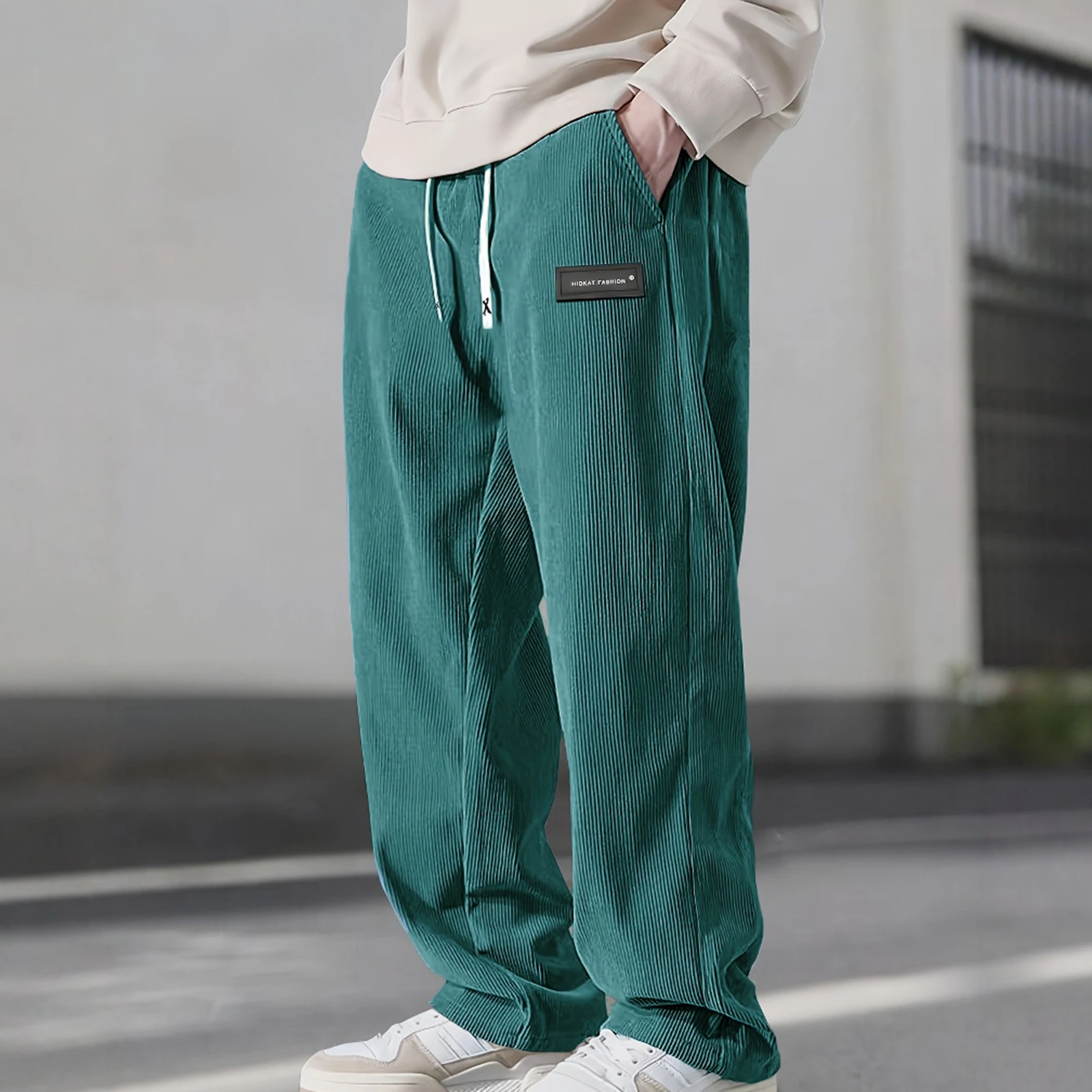 

Men's Corduroy Pants Letter Patch Drawstring Elastic Waist Trousers Spring Casual Pants Sweatpants with Pockets