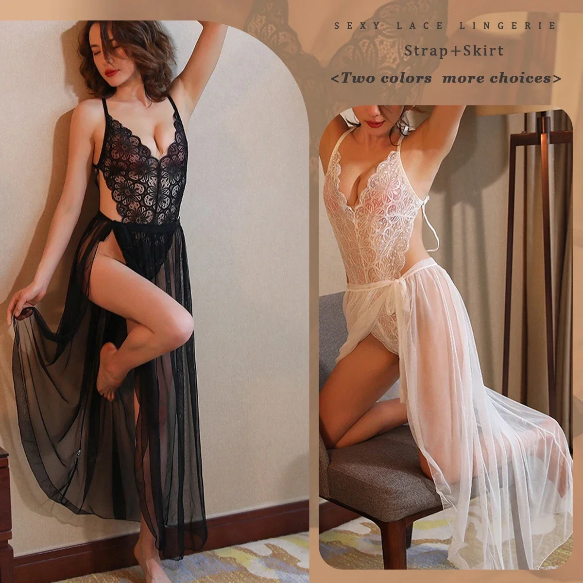 Donne calde sexy pizzo manica lunga pavimento lunghezza abito pigiama babydoll lingerie di pizzo donne vestaglia camicia da notte lingerie pizzo bellissimo