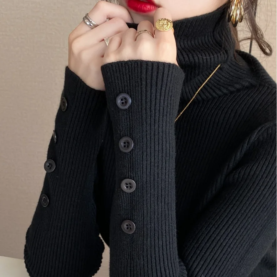 محبوك سترة المرأة البلوفرات الجديدة طويلة الأكمام الياقة المدورة الأبيض متماسكة سترة البلوز المرأة بلايز البلوزات Sueter Feminino Q1029