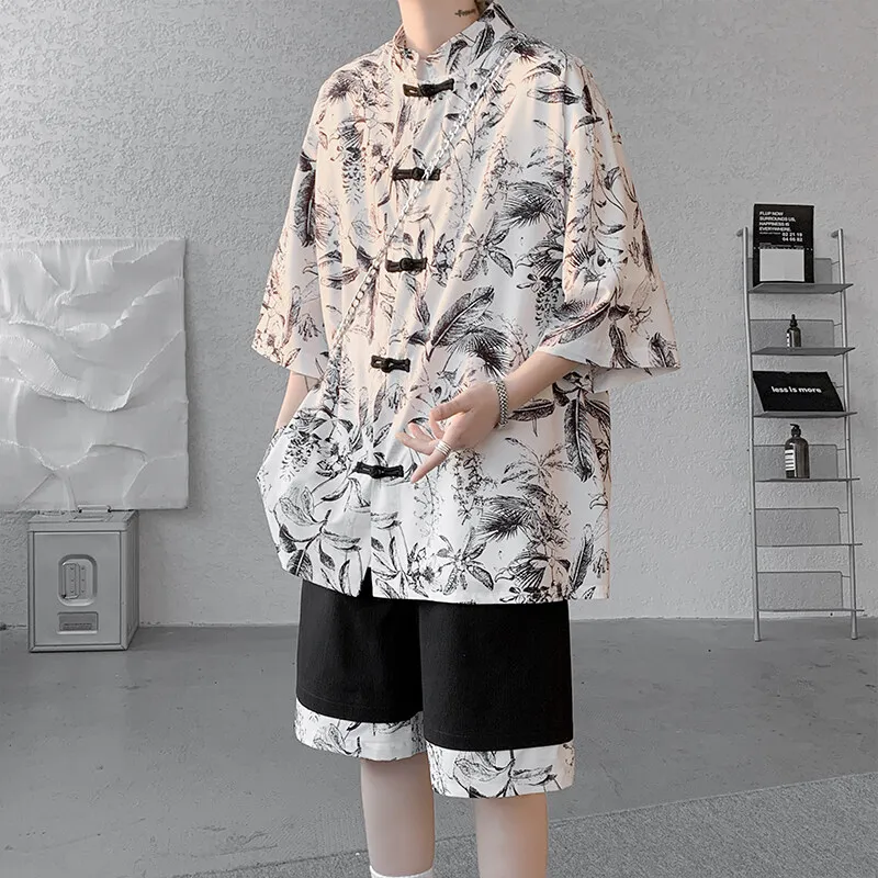 

2025 Summer Mens Chinese Style Print Sets Men Loose Short Sleeve Shirts & Shorts Suits Men Beach Oversized Sets Male Hanfu Set