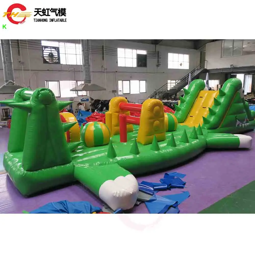 Comercial 10m de comprimento ar apertado crocodilo água pista jogo inflável curso obstáculo piscina água flutuante esporte jogo