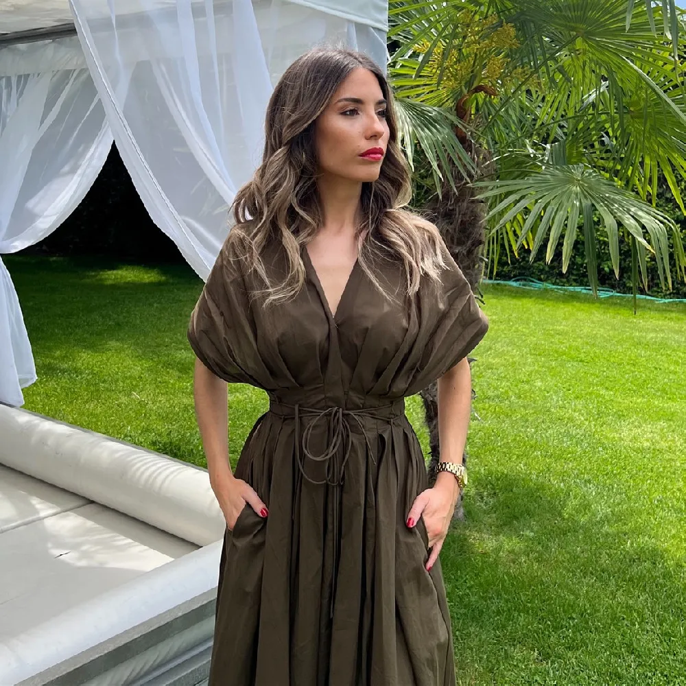 

PB&ZA2025summer new women's clothing deep V-neck pleated temperament high waist loose A-line dress long skirt