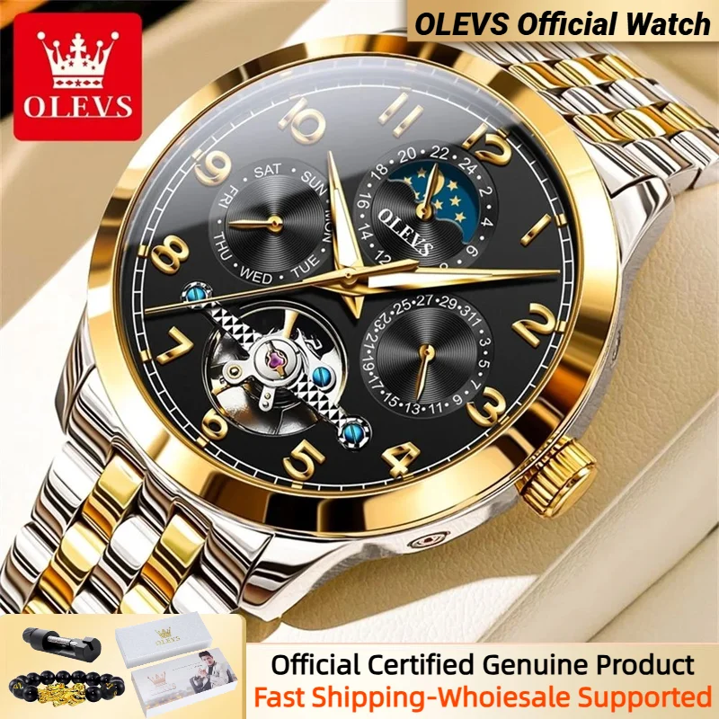 New OLEVS Men's Watches Automatic Mechanical Tourbillon Design Chronograph Waterproof Original Brand Man Wristwatch Moon Phase