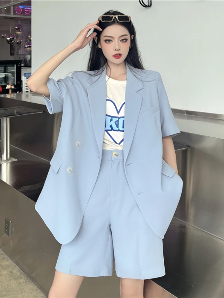 2022 New Summer Blazer Two-piece Suits Women Fashion Loose Short Sleeve Jacket + Shorts Sets Woman