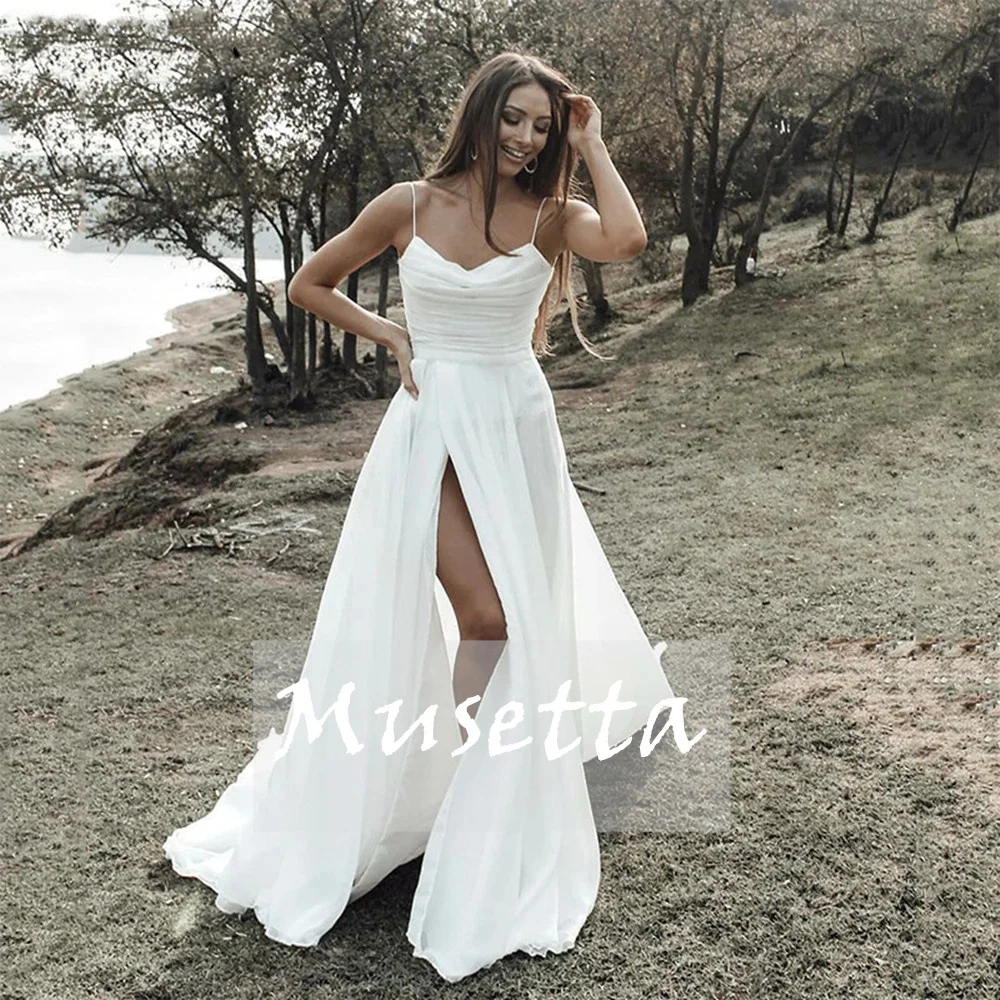 

Musetta Sweetheart Spaghetti Straps A-Line Wedding Dresses High Split Bridal Gowns Backless Sweep Train Civil Vestidos De Novia