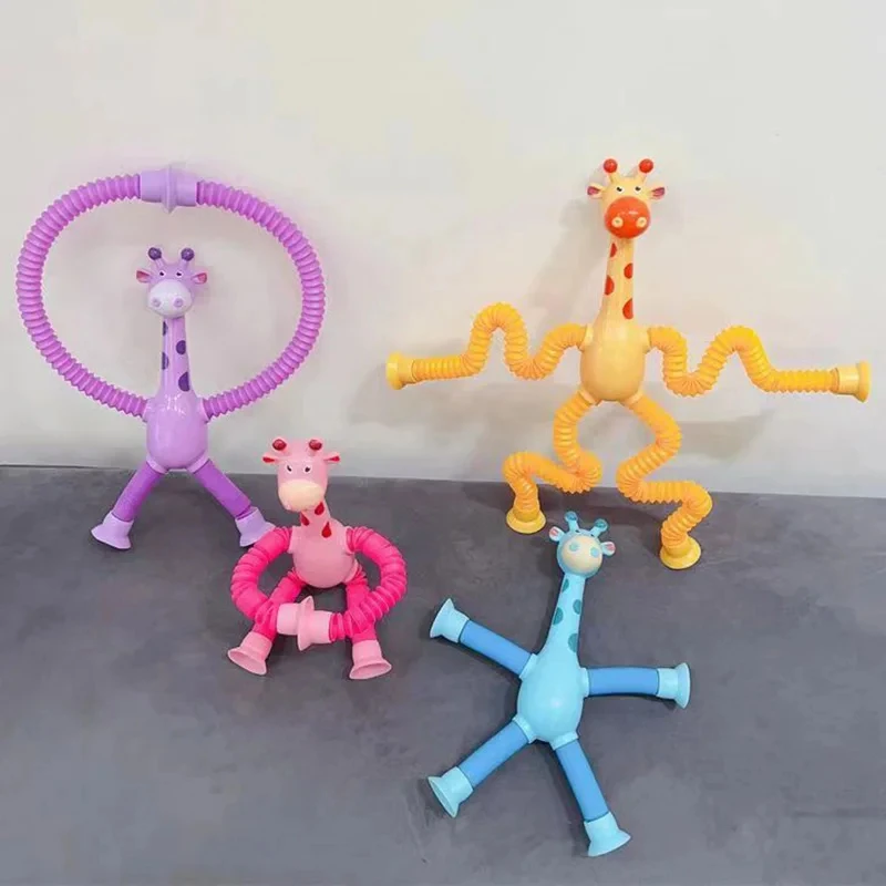 4Pcs Children Suction Cup Toys and Telescopic Giraffe Tubes Decompression Toys Sensory Bellows Toys Anti-stress Squeeze Toys