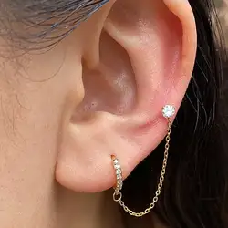 1Piece Stainless Steel Crystal CZ Two Ear Hole Piercing Studs Earrings for Men/Women Long Tassel Hoop Earrings 2023 Kpop Jewelry