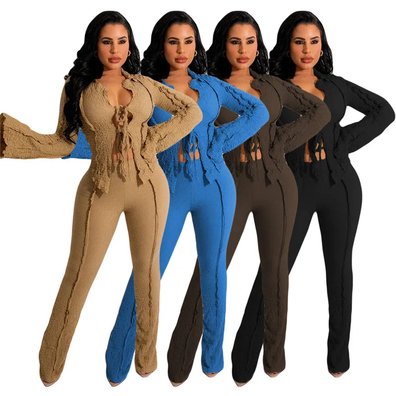 Fashion Casual Two Piece Pants Set Long Sleeve Lace Up Crop Top High Waist Trousers Streetwear Women Matching Suit Lady Clothes