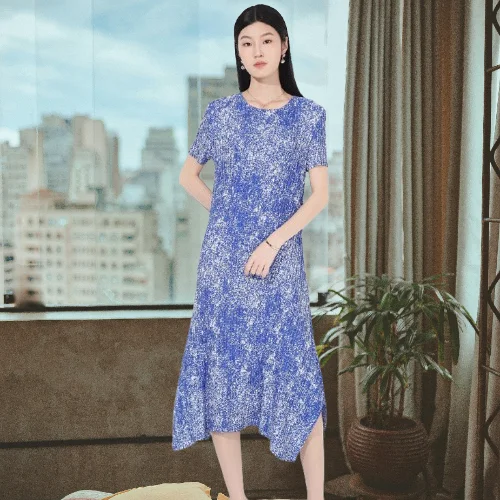 

Miyake Round Neck Pullover Pleated Printed Short-sleeved Dress Women's Fashion Versatile Comfortable Elegant Simple Pleatedskirt