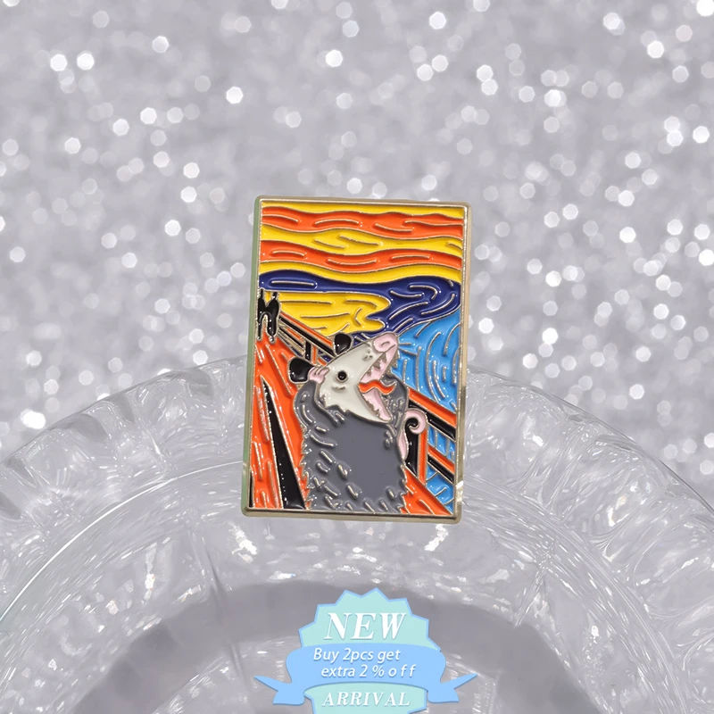 Screaming Animal Opossum Enamel Pin Starry Moon Night Van Gogh Oil Painting Brooch Lapel Badge Jewelry Gifts For Artistic Friend