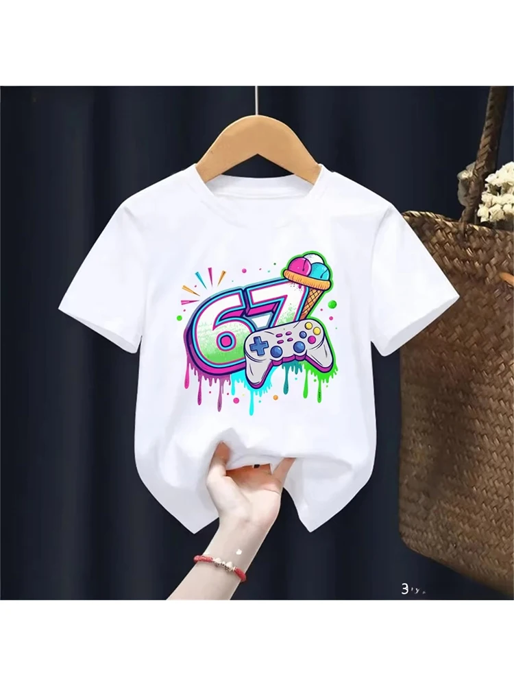 Camiseta infantil branca com estampa de sorvete e controlador de jogos, algodão macio, fofa Teetk0218