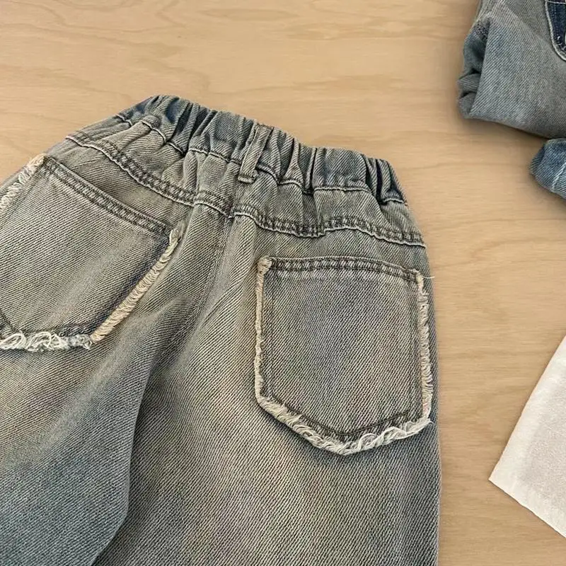 Teens Kids Streetwear Pants Boys Korean Childrens Clothing 2026 Spring New Trousers Straight Cylinder Causal Jeans Elastic Waist