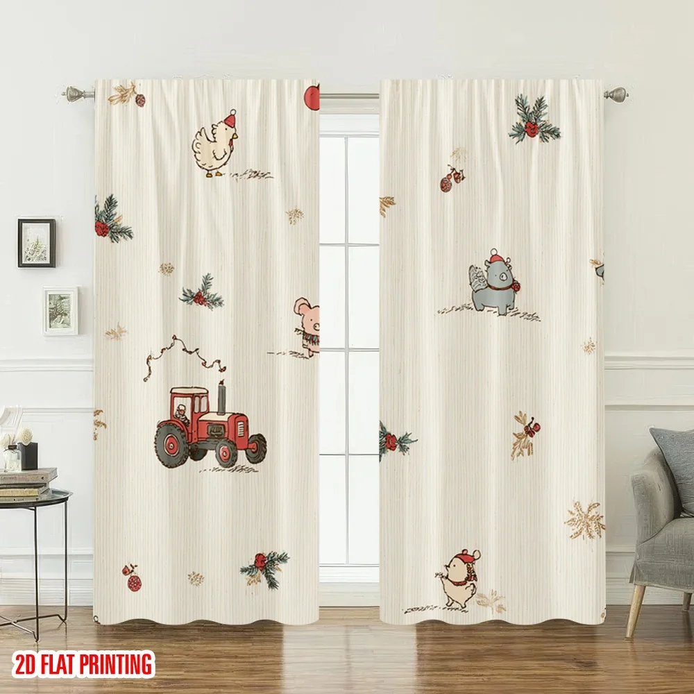 2 قطعة 2D الطباعة المسطحة شعبية عيد الميلاد الستائر لطيف الحيوانات جرار زراعي عيد الميلاد الرقمية المطبوعة البوليستر الستائر الطرف #6