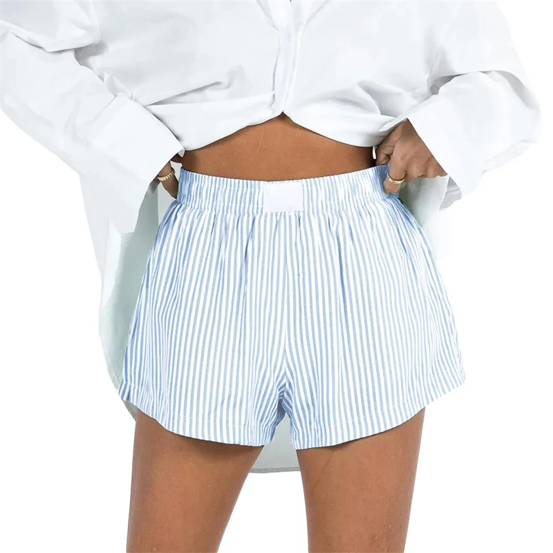 hirigin Fashion Women Loose Casual Boxer Shorts Elastic High Waist Striped Print Wide Leg Shorts Fashion Trouser Streetwear 2024