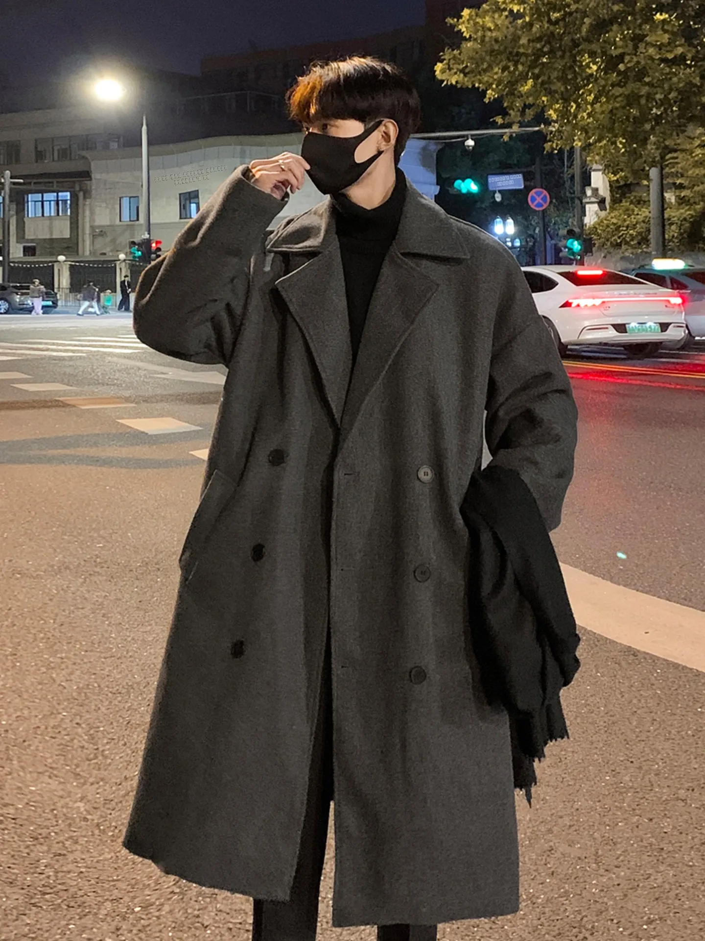

Trendy Men's Mid-Length Woolen Coat Autumn Winter Sle Korean System Long Sve Double Breasted Straight Hemline Faionabl...
